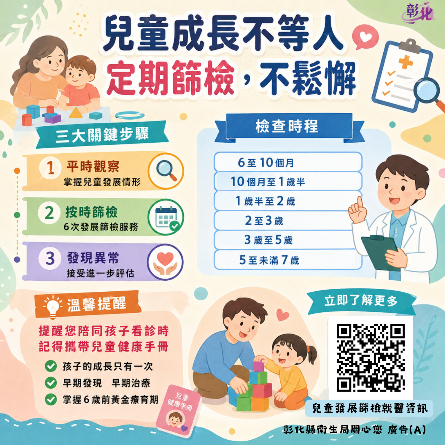 【定期發展篩檢,守護孩子的健康與未來】 定期篩檢,提早發現,掌握孩子成長的每一步。宣傳圖片