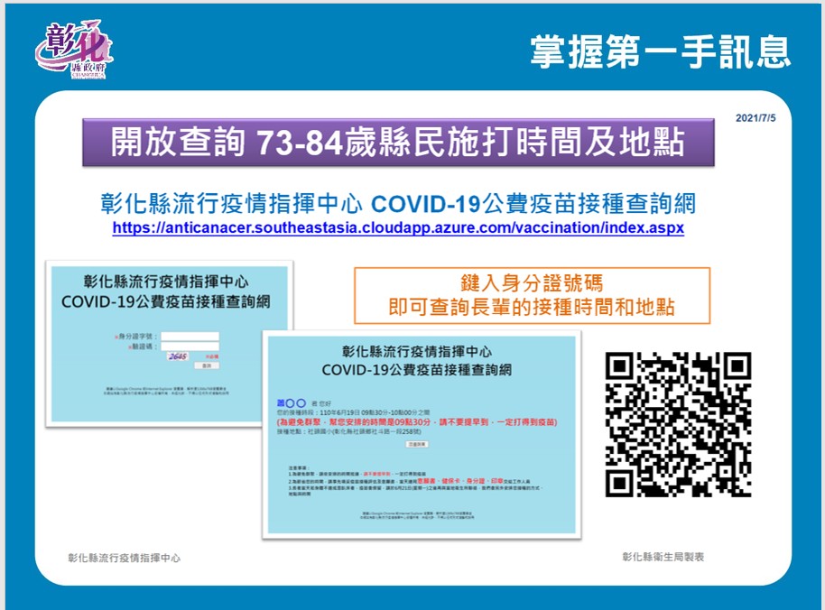 Covid 19疫苗公告 7月5日 一 起 由各鄉鎮公所村里長發送73 74歲長者covid 19疫苗接種通知單 並於7月8日 四 7月11日 日 施打 請依通知單指定時間 地點前往施打 彰化縣員林市衛生所